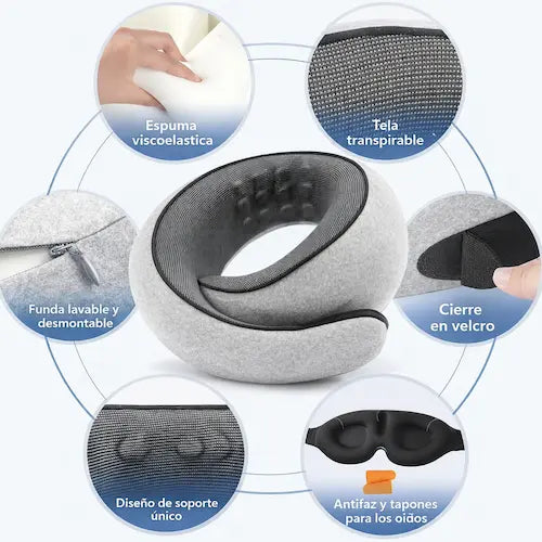 SLEEPJET PRO™ - Kit de Descanso 360° para Viaje (Almohada + Antifaz + Accesorios)