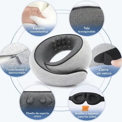 SLEEPJET PRO™ - Kit de Descanso 360° para Viaje (Almohada + Antifaz + Accesorios)