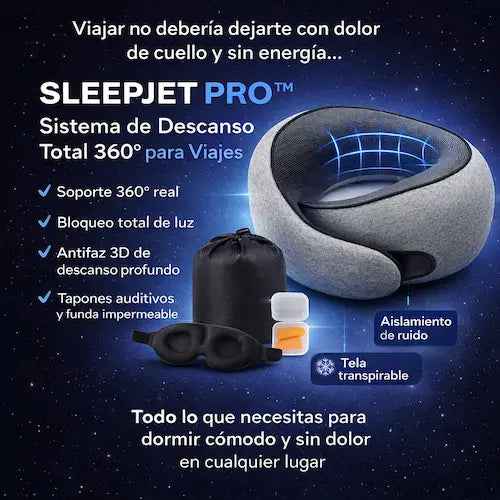 SLEEPJET PRO™ - Kit de Descanso 360° para Viaje (Almohada + Antifaz + Accesorios)